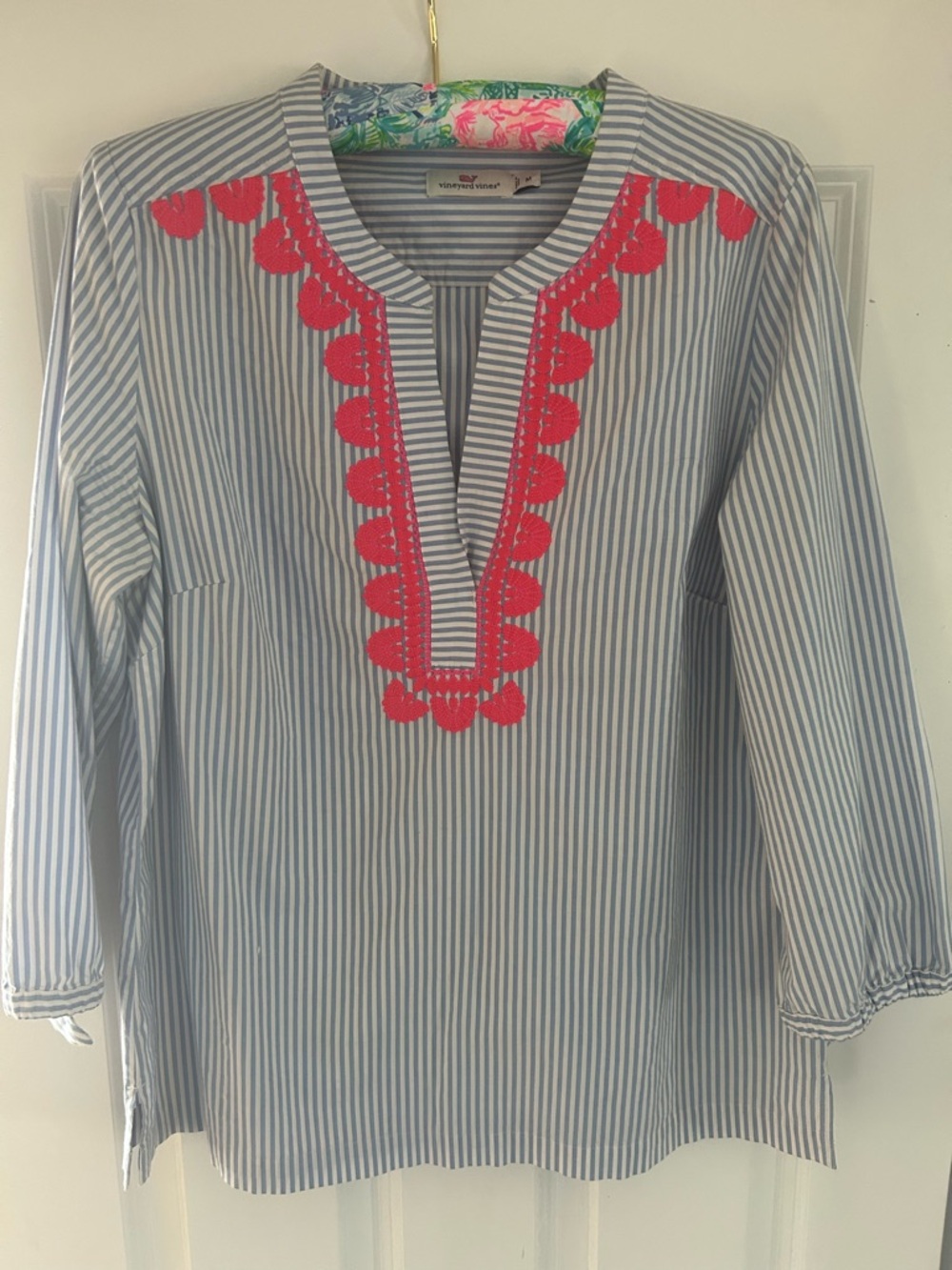 Vineyard Vines Striped Cotton Tunic Top with Pink Embroidery